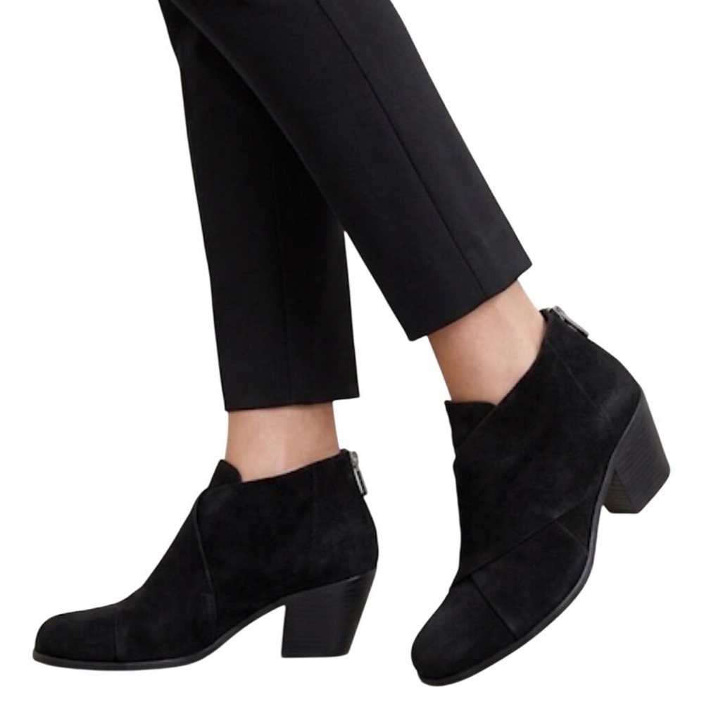 Eileen Fisher Boots Black Suede Wrap Square Toe Block Heel Ankle Boots